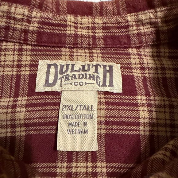 Duluth Trading Co Mens 2XLT Tall Plaid Flannel Long Sleeve Shirt Burgundy Tan - Picture 2 of 6